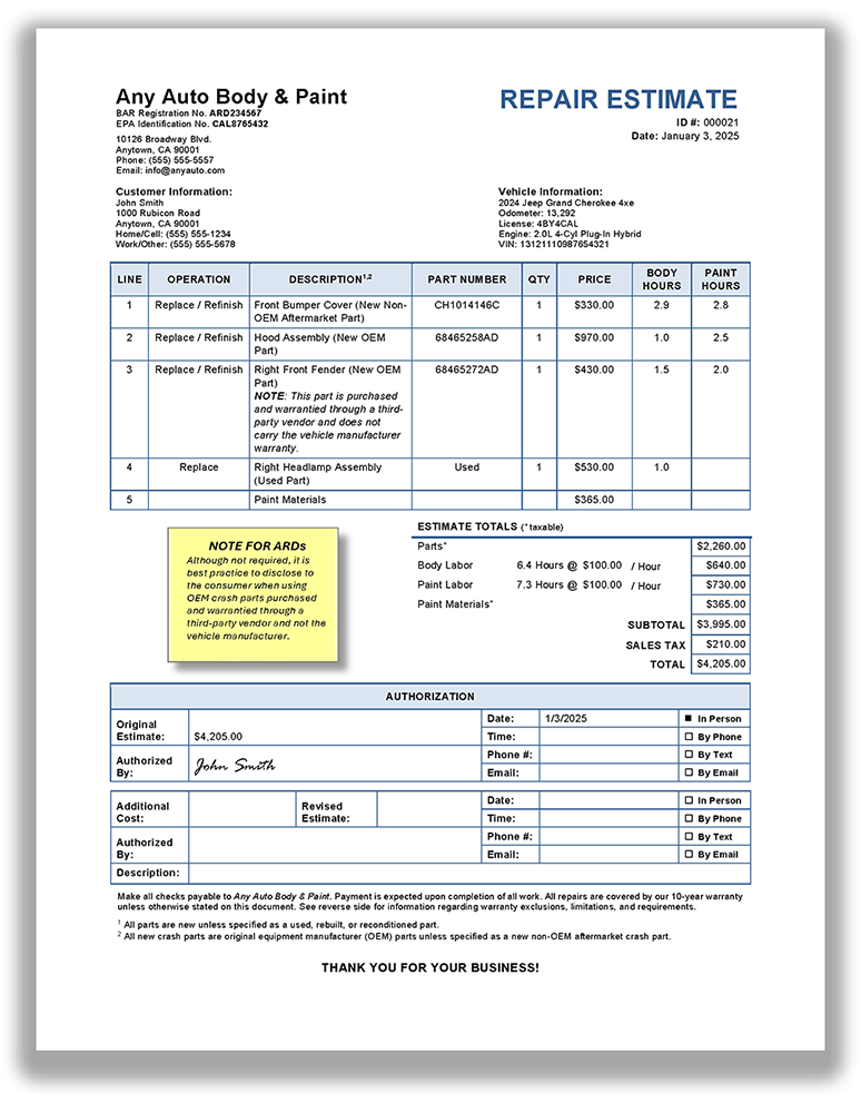 Sample Auto Body Estimate