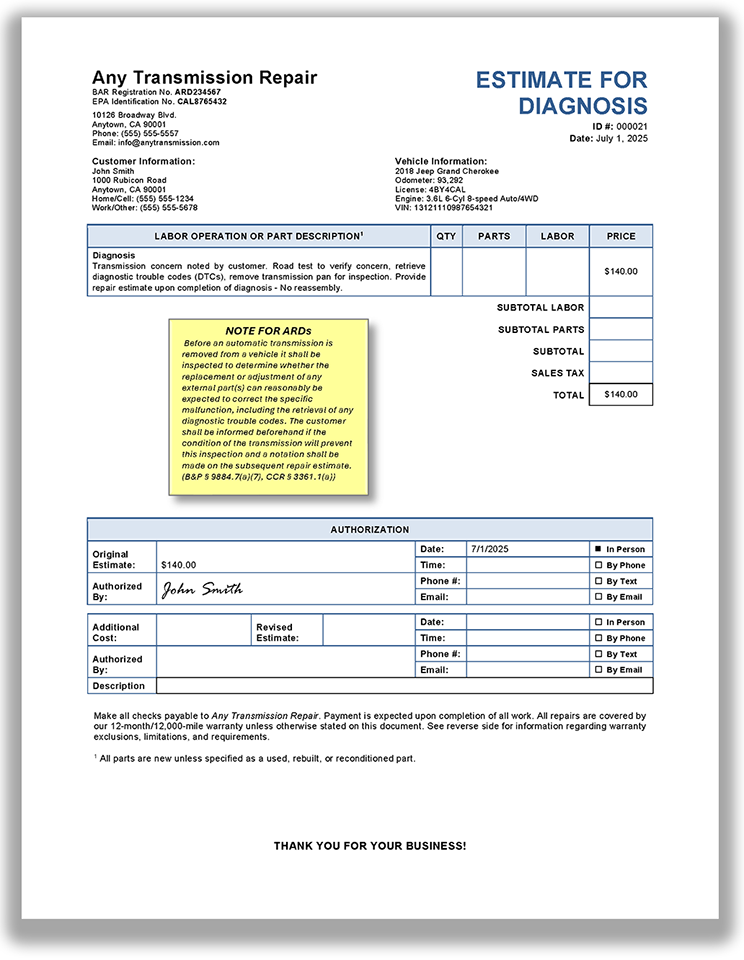 Sample automatic transmission diagnosis estimate
